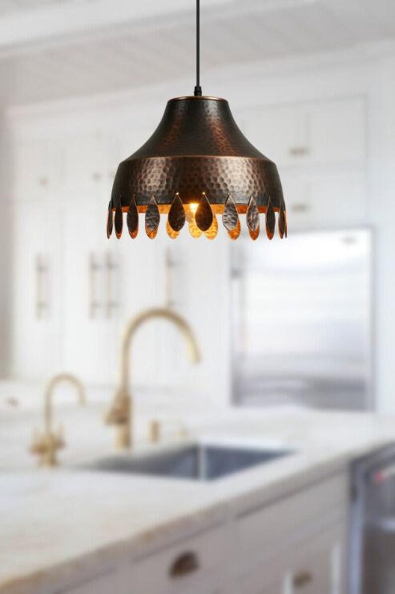 Handmade Hammered Brass Pendant Light – Moroccan Dark Copper Hanging Lamp with Leaf Cutout Edge for Kitchen Island, Dining Room & Boho Home Décor