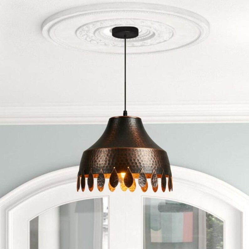 Handmade Hammered Brass Pendant Light – Moroccan Dark Copper Hanging Lamp with Leaf Cutout Edge for Kitchen Island, Dining Room & Boho Home Décor