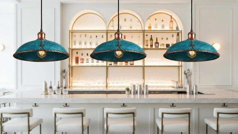 Turquoise Patina Copper Saucer Pendant Light, Handmade Moroccan Braided Rim Hanging Lamp, Rustic Verdigris Kitchen Island Chandelier, Boho Farmhouse Ceiling Light Fixture