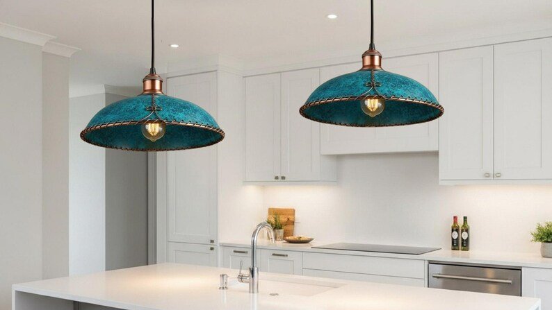 Turquoise Patina Copper Saucer Pendant Light, Handmade Moroccan Braided Rim Hanging Lamp, Rustic Verdigris Kitchen Island Chandelier, Boho Farmhouse Ceiling Light Fixture