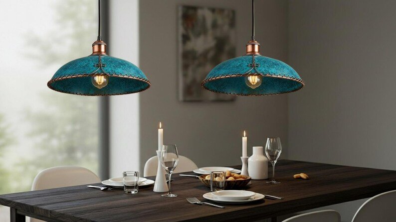 Turquoise Patina Copper Saucer Pendant Light, Handmade Moroccan Braided Rim Hanging Lamp, Rustic Verdigris Kitchen Island Chandelier, Boho Farmhouse Ceiling Light Fixture