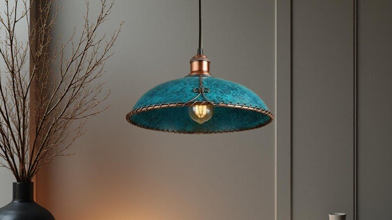 Turquoise Patina Copper Saucer Pendant Light, Handmade Moroccan Braided Rim Hanging Lamp, Rustic Verdigris Kitchen Island Chandelier, Boho Farmhouse Ceiling Light Fixture