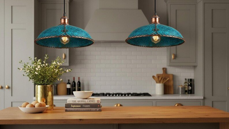 Turquoise Patina Copper Saucer Pendant Light, Handmade Moroccan Braided Rim Hanging Lamp, Rustic Verdigris Kitchen Island Chandelier, Boho Farmhouse Ceiling Light Fixture