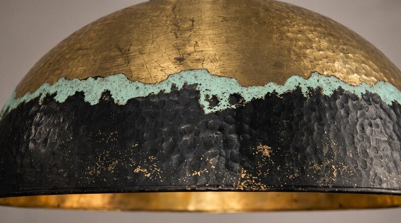 Handmade Patina Brass Pendant Light – Hammered Dome Ceiling Lamp with Antique Gold, Black and Verdigris Finish for Kitchen Island, Dining Room and Entryway
