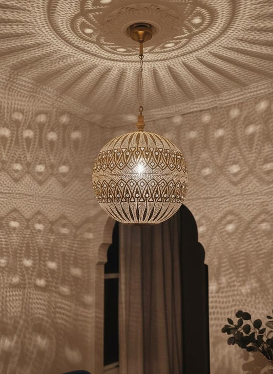 Handmade Moroccan Brass Pendant Light – Ornate Pierced Brass Lantern with Decorative Shadow Pattern for Entryway, Hallway, Bedroom & Boho Home Décor