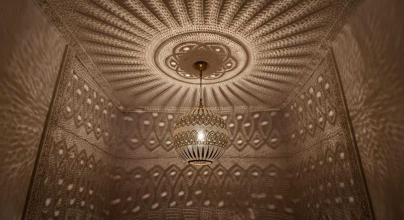 Handmade Moroccan Brass Pendant Light – Ornate Pierced Brass Lantern with Decorative Shadow Pattern for Entryway, Hallway, Bedroom & Boho Home Décor