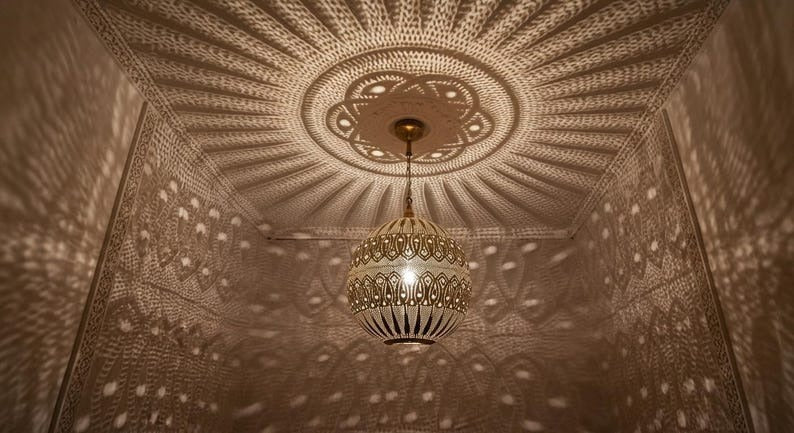 Handmade Moroccan Brass Pendant Light – Ornate Pierced Brass Lantern with Decorative Shadow Pattern for Entryway, Hallway, Bedroom & Boho Home Décor