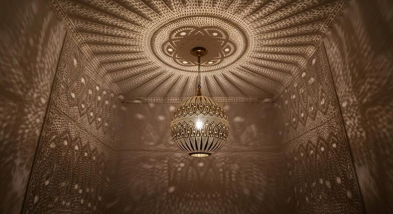 Handmade Moroccan Brass Pendant Light – Ornate Pierced Brass Lantern with Decorative Shadow Pattern for Entryway, Hallway, Bedroom & Boho Home Décor