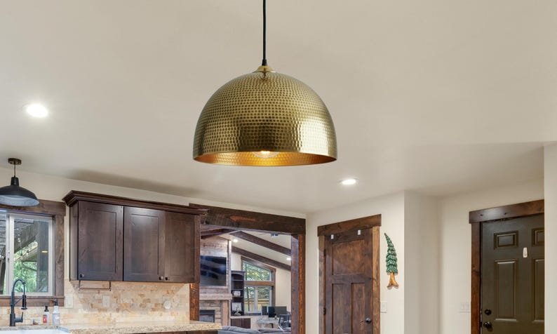 Hammered Brass Dome Pendant Light, Handmade Moroccan Gold Brass Kitchen Island Chandelier, Rustic Farmhouse Hanging Ceiling Light Fixture, Boho Brass Pendant Lamp