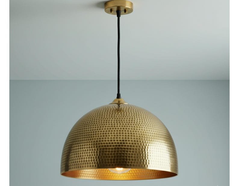 Hammered Brass Dome Pendant Light, Handmade Moroccan Gold Brass Kitchen Island Chandelier, Rustic Farmhouse Hanging Ceiling Light Fixture, Boho Brass Pendant Lamp
