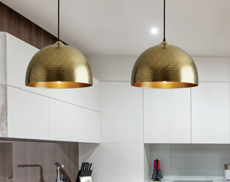 Hammered Brass Dome Pendant Light, Handmade Moroccan Gold Brass Kitchen Island Chandelier, Rustic Farmhouse Hanging Ceiling Light Fixture, Boho Brass Pendant Lamp