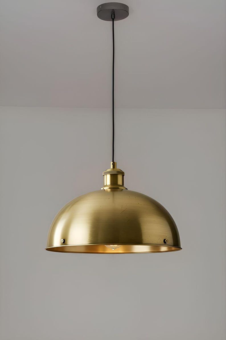 Handmade Brass Pendant Light – Moroccan Brushed Gold Dome Hanging Lamp with Warm Brass Interior for Kitchen Island, Dining Room & Boho Home Décor