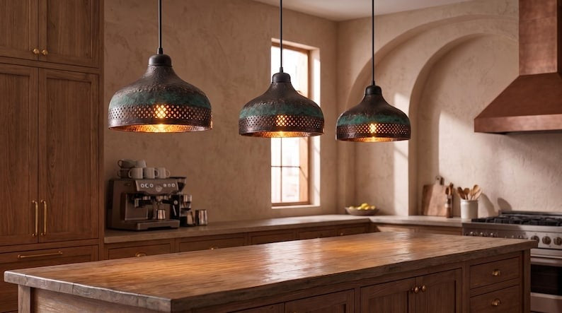 Handmade Moroccan Brass Pendant Light – Hammered Dark Bronze Dome with Green Verdigris Patina and Pierced Lattice Shade
