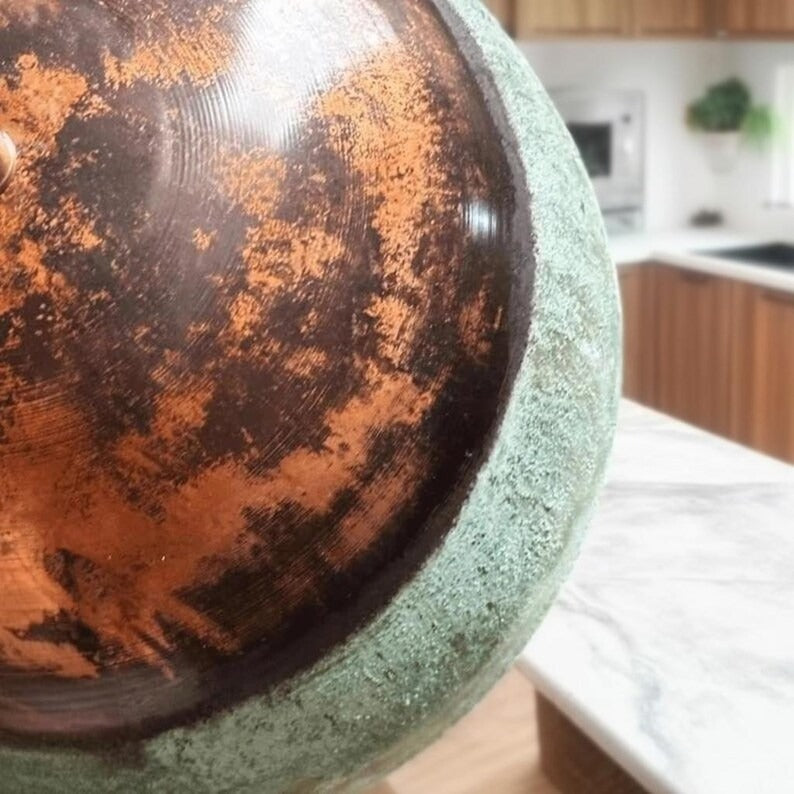 Set of 2 Handmade Moroccan Brass Dome Pendant Lights – Large Aged Copper and Green Verdigris Patina Hanging Lamps with Warm Gold Interiors for Living Room, Kitchen Island & Dining Room