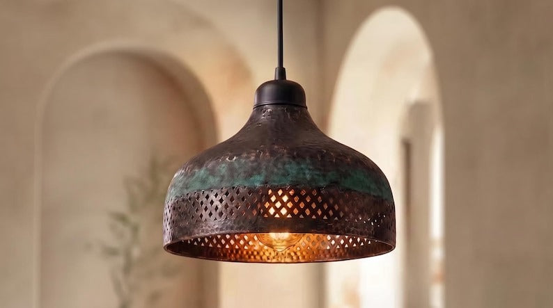 Handmade Moroccan Brass Pendant Light – Hammered Dark Bronze Dome with Green Verdigris Patina and Pierced Lattice Shade