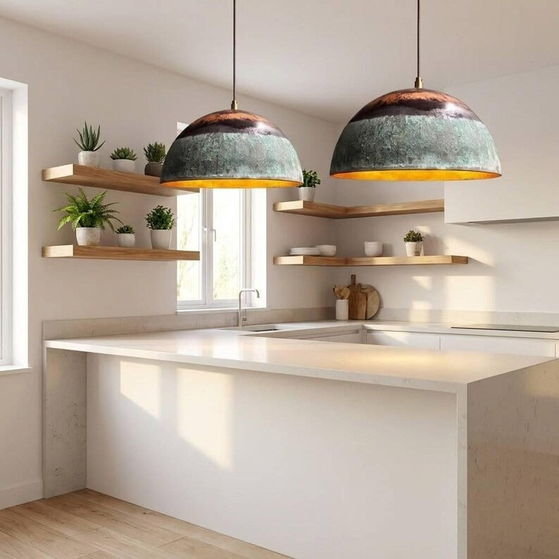 Set of 2 Handmade Moroccan Brass Dome Pendant Lights – Large Aged Copper and Green Verdigris Patina Hanging Lamps with Warm Gold Interiors for Living Room, Kitchen Island & Dining Room
