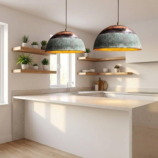 Set of 2 Handmade Moroccan Brass Dome Pendant Lights – Large Aged Copper and Green Verdigris Patina Hanging Lamps with Warm Gold Interiors for Living Room, Kitchen Island & Dining Room