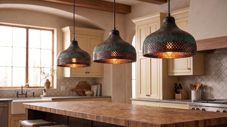 Handmade Moroccan Brass Pendant Light – Hammered Dark Bronze Dome with Green Verdigris Patina and Pierced Lattice Shade