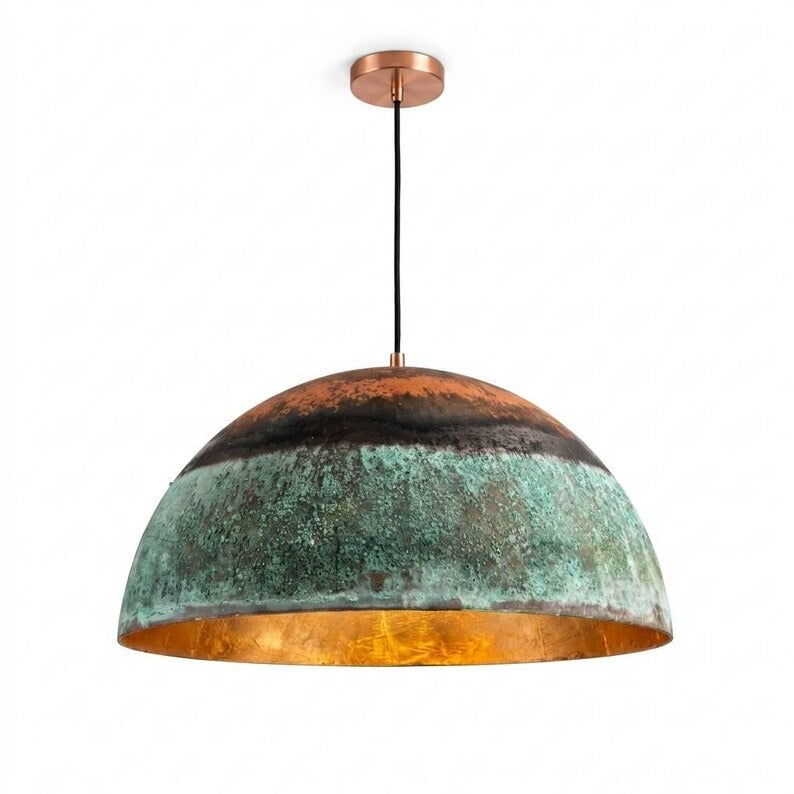 Set of 2 Handmade Moroccan Brass Dome Pendant Lights – Large Aged Copper and Green Verdigris Patina Hanging Lamps with Warm Gold Interiors for Living Room, Kitchen Island & Dining Room