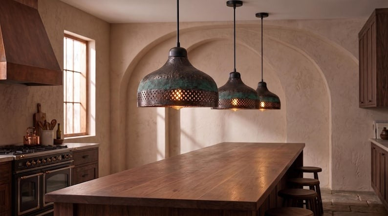 Handmade Moroccan Brass Pendant Light – Hammered Dark Bronze Dome with Green Verdigris Patina and Pierced Lattice Shade