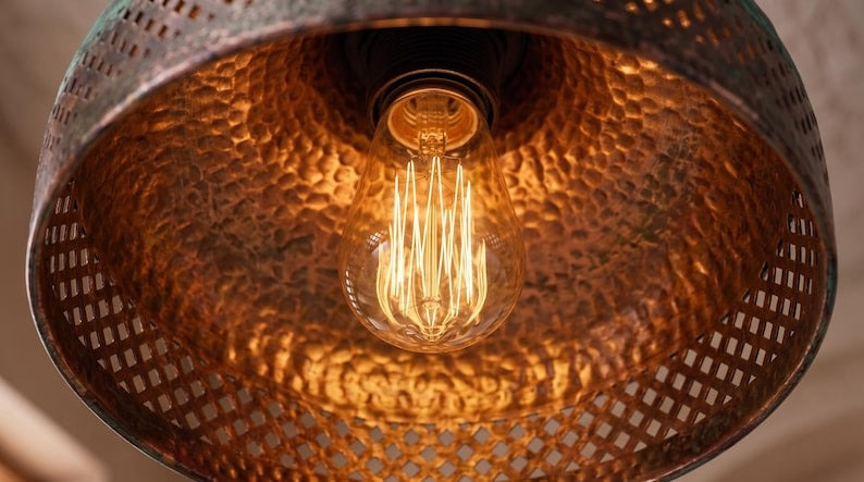Handmade Moroccan Brass Pendant Light – Hammered Dark Bronze Dome with Green Verdigris Patina and Pierced Lattice Shade
