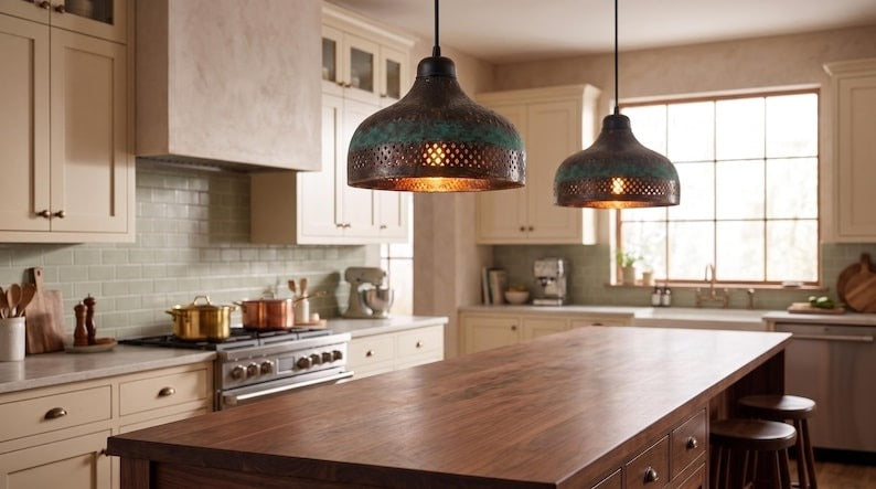 Handmade Moroccan Brass Pendant Light – Hammered Dark Bronze Dome with Green Verdigris Patina and Pierced Lattice Shade