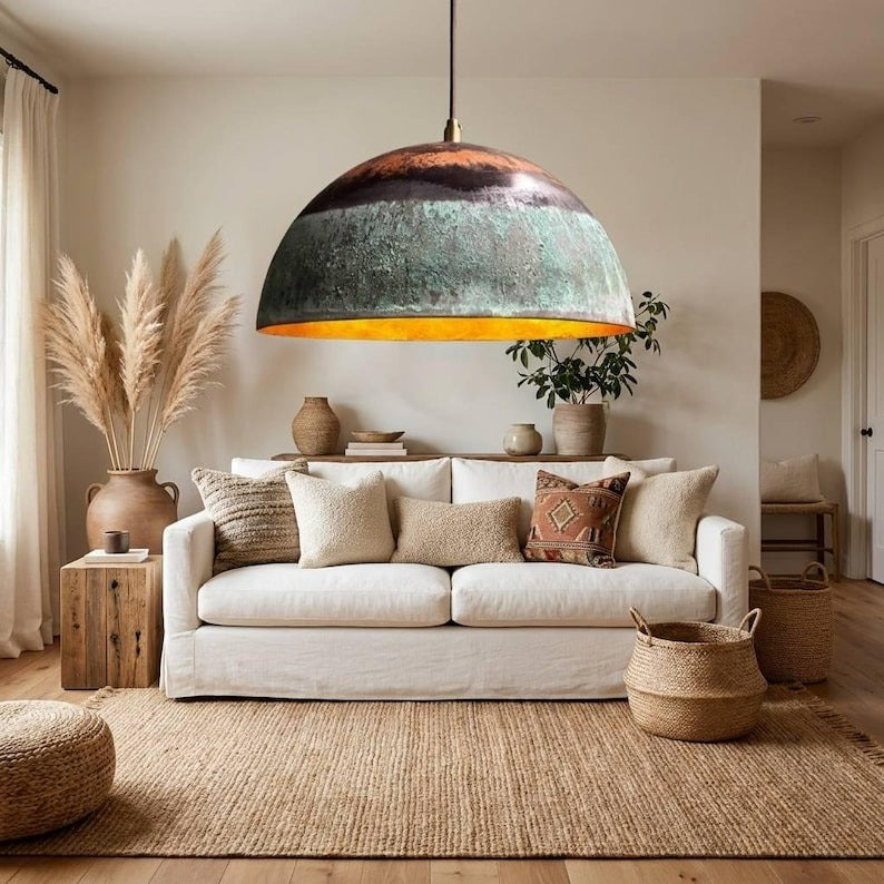 Set of 2 Handmade Moroccan Brass Dome Pendant Lights – Large Aged Copper and Green Verdigris Patina Hanging Lamps with Warm Gold Interiors for Living Room, Kitchen Island & Dining Room
