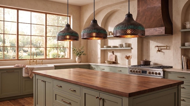 Handmade Moroccan Brass Pendant Light – Hammered Dark Bronze Dome with Green Verdigris Patina and Pierced Lattice Shade