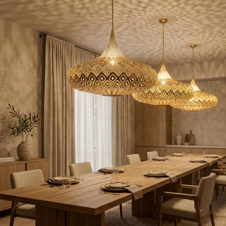 Moroccan Pierced Brass Saucer Pendant Light, Handmade Moorish Diamond Pattern Chandelier, Boho Arabic Shadow Lamp, Luxury Gold Filigree Ceiling Light Fixture