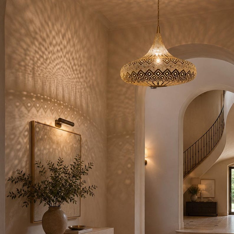Moroccan Pierced Brass Saucer Pendant Light, Handmade Moorish Diamond Pattern Chandelier, Boho Arabic Shadow Lamp, Luxury Gold Filigree Ceiling Light Fixture