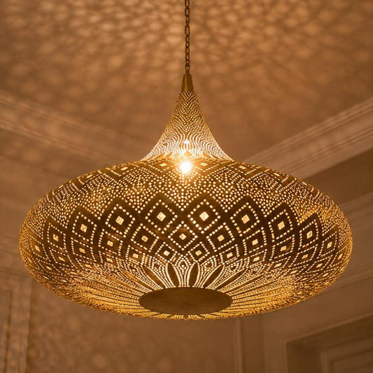 Moroccan Pierced Brass Saucer Pendant Light, Handmade Moorish Diamond Pattern Chandelier, Boho Arabic Shadow Lamp, Luxury Gold Filigree Ceiling Light Fixture