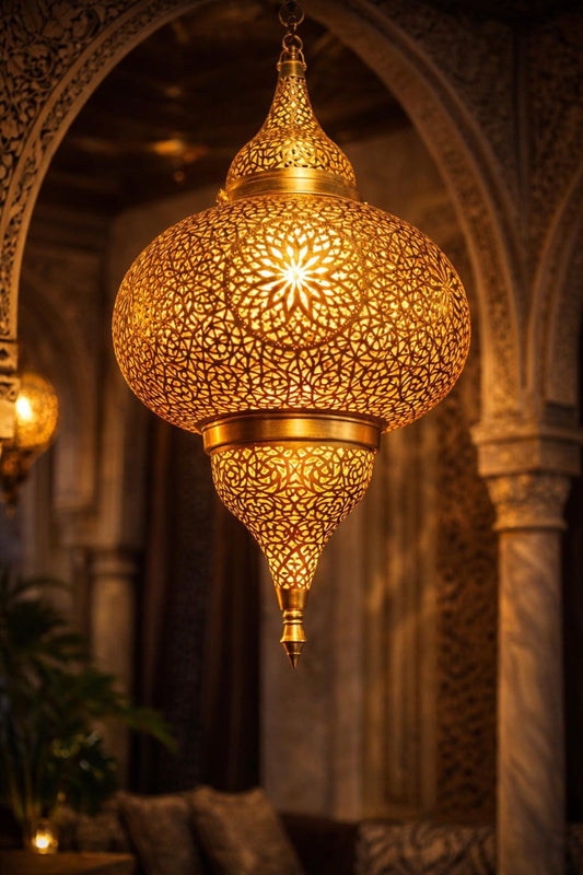 Moroccan Pierced Brass Onion Lantern Chandelier, Handmade Moorish Star Pattern Pendant Light, Luxury Gold Arabic Hanging Lamp, Boho Filigree Shadow Ceiling Light Fixture