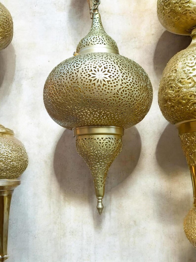 Moroccan Pierced Brass Onion Lantern Chandelier, Handmade Moorish Star Pattern Pendant Light, Luxury Gold Arabic Hanging Lamp, Boho Filigree Shadow Ceiling Light Fixture