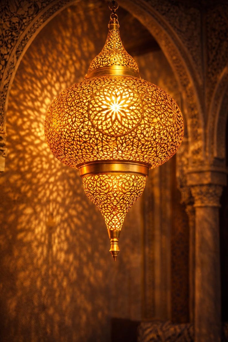 Moroccan Pierced Brass Onion Lantern Chandelier, Handmade Moorish Star Pattern Pendant Light, Luxury Gold Arabic Hanging Lamp, Boho Filigree Shadow Ceiling Light Fixture