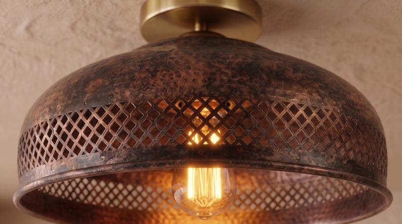 Handmade Brass Flush Mount Ceiling Light – Aged Copper Hammered Brass Dome Fixture with Pierced Border, Moroccan Rustic Farmhouse Ceiling Lamp
