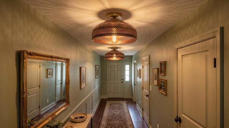 Handmade Brass Flush Mount Ceiling Light – Aged Copper Hammered Brass Dome Fixture with Pierced Border, Moroccan Rustic Farmhouse Ceiling Lamp