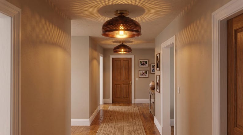 Handmade Brass Flush Mount Ceiling Light – Aged Copper Hammered Brass Dome Fixture with Pierced Border, Moroccan Rustic Farmhouse Ceiling Lamp