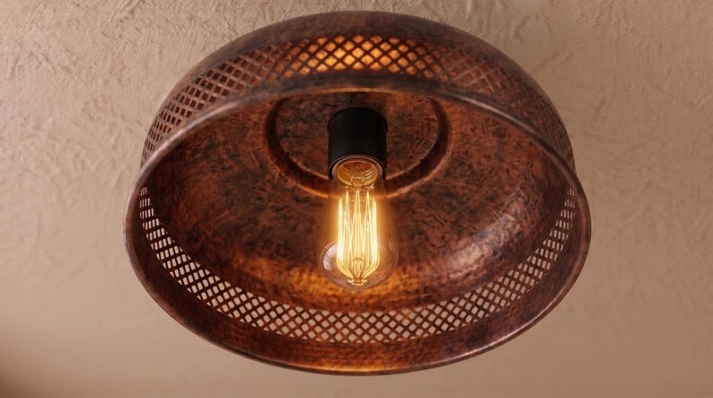 Handmade Brass Flush Mount Ceiling Light – Aged Copper Hammered Brass Dome Fixture with Pierced Border, Moroccan Rustic Farmhouse Ceiling Lamp