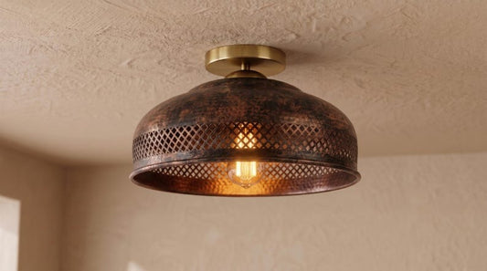 Handmade Brass Flush Mount Ceiling Light – Aged Copper Hammered Brass Dome Fixture with Pierced Border, Moroccan Rustic Farmhouse Ceiling Lamp