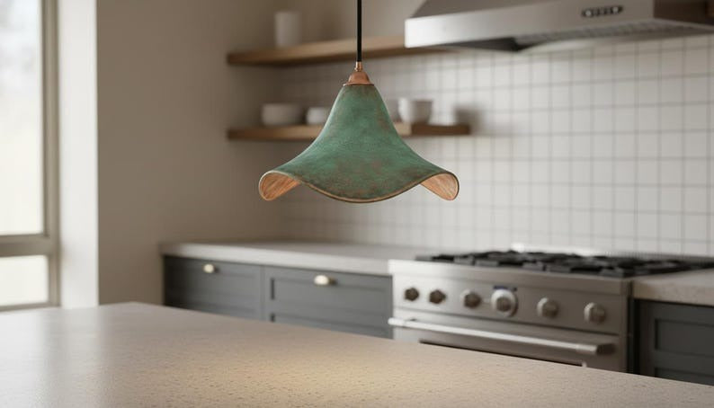 Handmade Moroccan Brass Pendant Light – Green Verdigris Flower-Shaped Ceiling Lamp with Warm Gold Interior