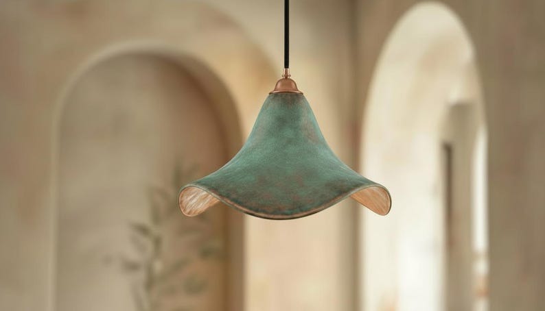 Handmade Moroccan Brass Pendant Light – Green Verdigris Flower-Shaped Ceiling Lamp with Warm Gold Interior