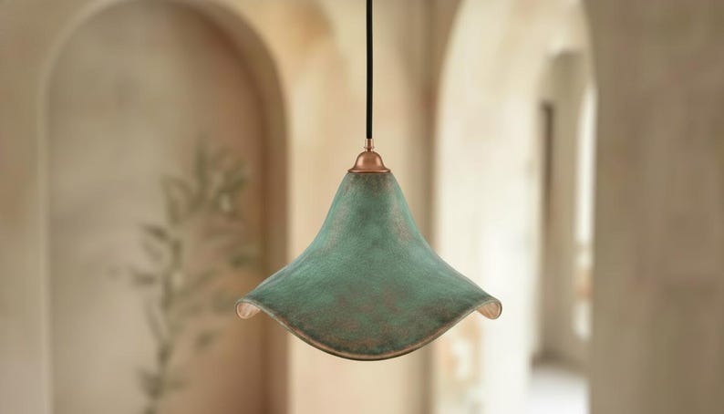 Handmade Moroccan Brass Pendant Light – Green Verdigris Flower-Shaped Ceiling Lamp with Warm Gold Interior