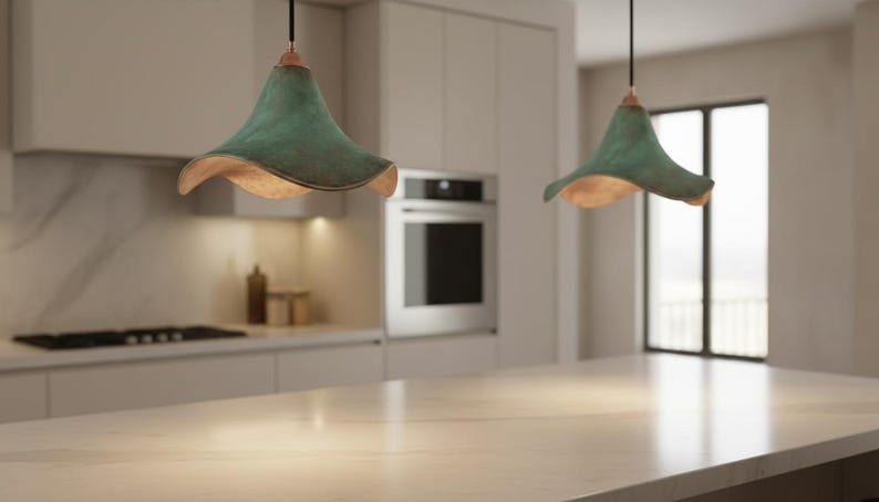 Handmade Moroccan Brass Pendant Light – Green Verdigris Flower-Shaped Ceiling Lamp with Warm Gold Interior