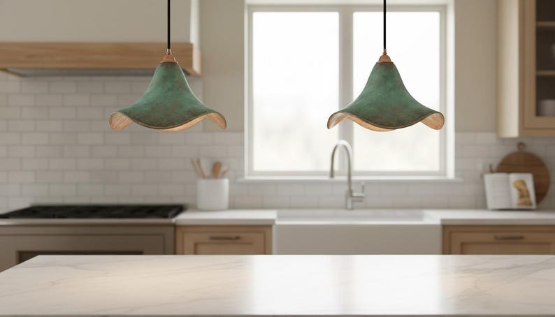 Handmade Moroccan Brass Pendant Light – Green Verdigris Flower-Shaped Ceiling Lamp with Warm Gold Interior
