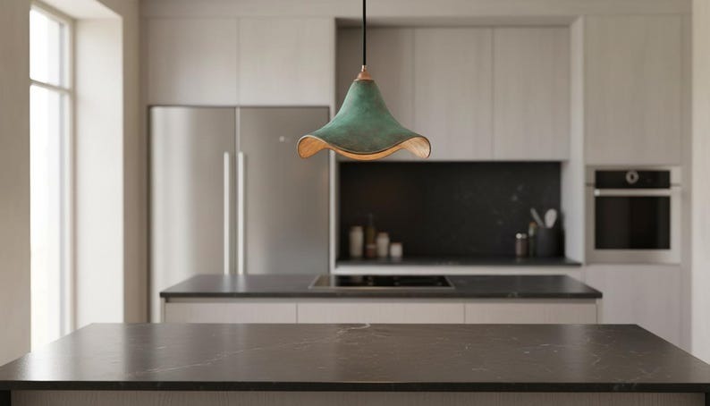 Handmade Moroccan Brass Pendant Light – Green Verdigris Flower-Shaped Ceiling Lamp with Warm Gold Interior