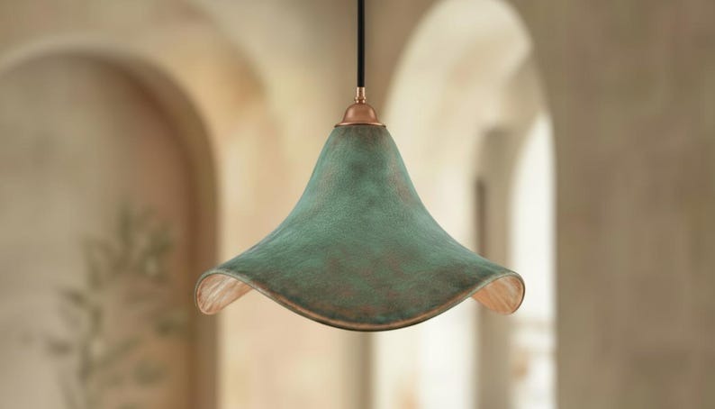 Handmade Moroccan Brass Pendant Light – Green Verdigris Flower-Shaped Ceiling Lamp with Warm Gold Interior