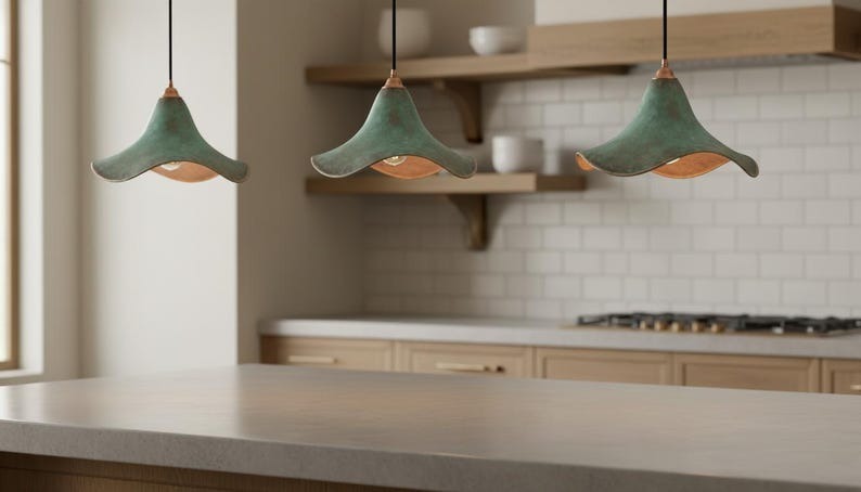 Handmade Moroccan Brass Pendant Light – Green Verdigris Flower-Shaped Ceiling Lamp with Warm Gold Interior