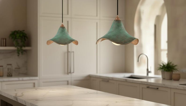 Handmade Moroccan Brass Pendant Light – Green Verdigris Flower-Shaped Ceiling Lamp with Warm Gold Interior