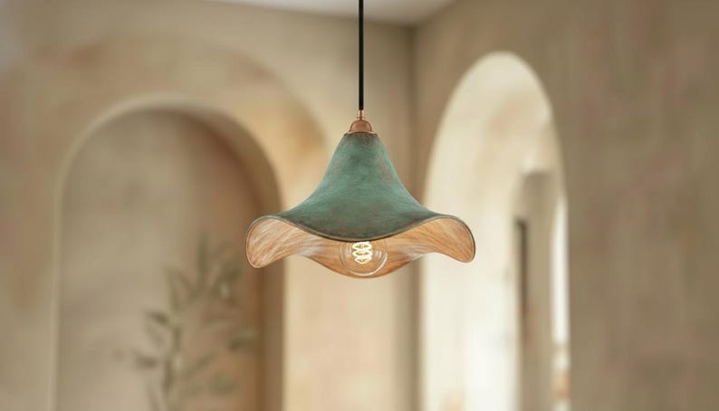 Handmade Moroccan Brass Pendant Light – Green Verdigris Flower-Shaped Ceiling Lamp with Warm Gold Interior
