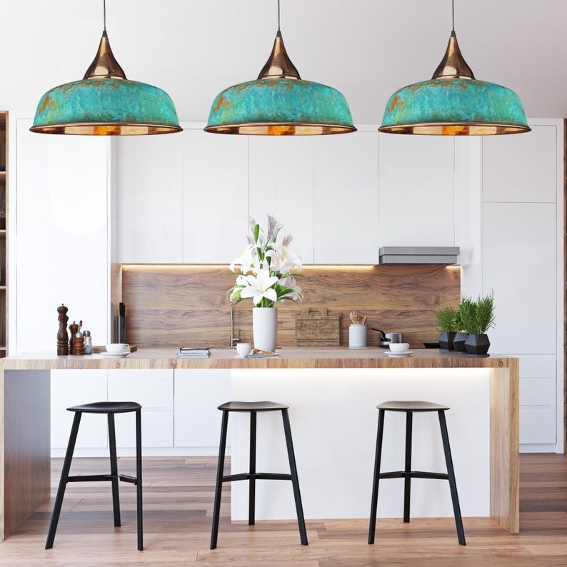 Moroccan Brass Turquoise Patina Saucer Pendant Light, Handmade Copper Finish Brass Hanging Lamp, Boho Coastal Kitchen Island Chandelier, Rustic Antique Brass Ceiling Light Fixture